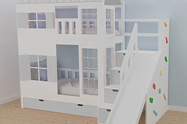 Hausbett, Spielbett KJARA PLUS mit vollem Dach, Rutsche und Kletterwand - Kubuk Moebel Hausbett, Spielbett KJARA PLUS mit vollem Dach, Rutsche und Kletterwand - Kubuk Moebel