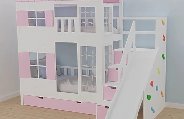 Hausbett, Spielbett KJARA PLUS mit vollem Dach, Rutsche und Kletterwand - Kubuk Moebel Hausbett, Spielbett KJARA PLUS mit vollem Dach, Rutsche und Kletterwand - Kubuk Moebel