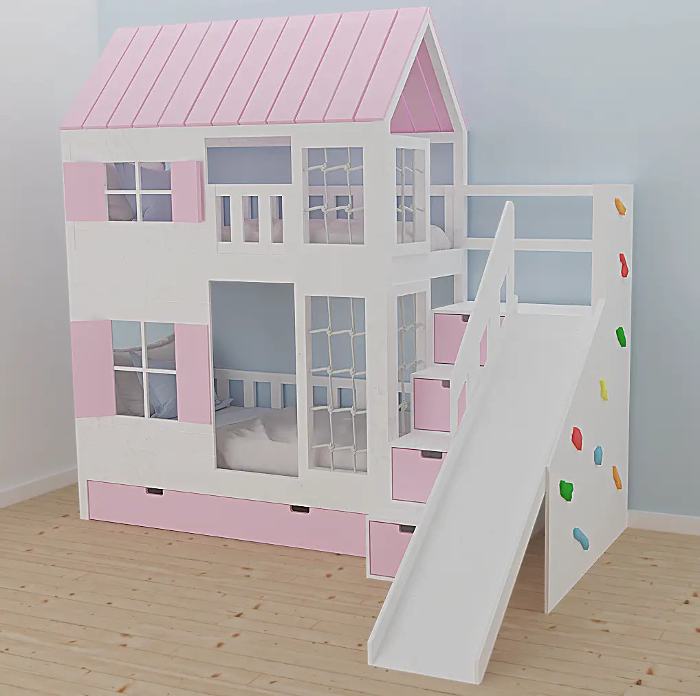 Hausbett, Spielbett KJARA PLUS mit vollem Dach, Rutsche und Kletterwand - Kubuk Moebel Hausbett, Spielbett KJARA PLUS mit vollem Dach, Rutsche und Kletterwand - Kubuk Moebel