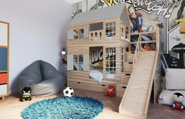 Hausbett, Spielbett KJARA PLUS mit vollem Dach, Rutsche und Kletterwand - Kubuk Moebel Hausbett, Spielbett KJARA PLUS mit vollem Dach, Rutsche und Kletterwand - Kubuk Moebel