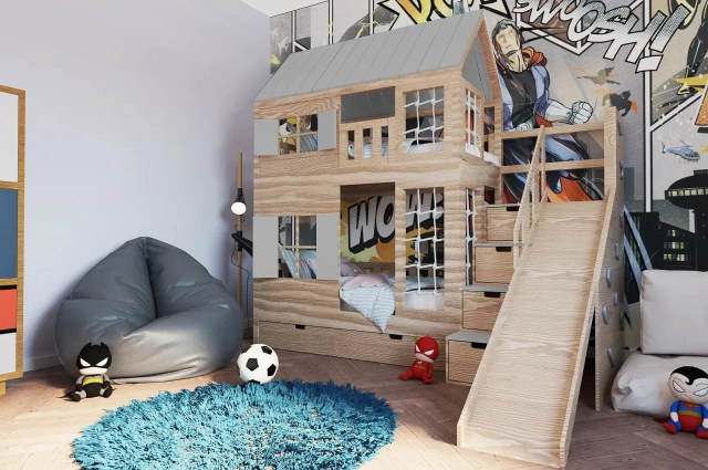 Hausbett, Spielbett KJARA PLUS mit vollem Dach, Rutsche und Kletterwand - Kubuk Moebel Hausbett, Spielbett KJARA PLUS mit vollem Dach, Rutsche und Kletterwand - Kubuk Moebel