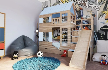 Hausbett, Spielbett KJARA PLUS mit vollem Dach, Rutsche und Kletterwand - Kubuk Moebel Hausbett, Spielbett KJARA PLUS mit vollem Dach, Rutsche und Kletterwand - Kubuk Moebel