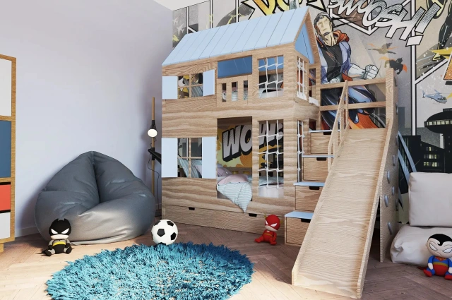 Hausbett, Spielbett KJARA PLUS mit vollem Dach, Rutsche und Kletterwand - Kubuk Moebel Hausbett, Spielbett KJARA PLUS mit vollem Dach, Rutsche und Kletterwand - Kubuk Moebel
