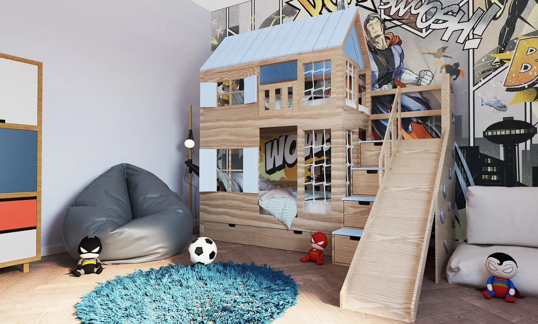 Hausbett, Spielbett KJARA PLUS mit vollem Dach, Rutsche und Kletterwand - Kubuk Moebel Hausbett, Spielbett KJARA PLUS mit vollem Dach, Rutsche und Kletterwand - Kubuk Moebel
