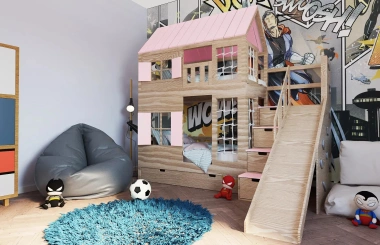 Hausbett, Spielbett KJARA PLUS mit vollem Dach, Rutsche und Kletterwand - Kubuk Moebel Hausbett, Spielbett KJARA PLUS mit vollem Dach, Rutsche und Kletterwand - Kubuk Moebel