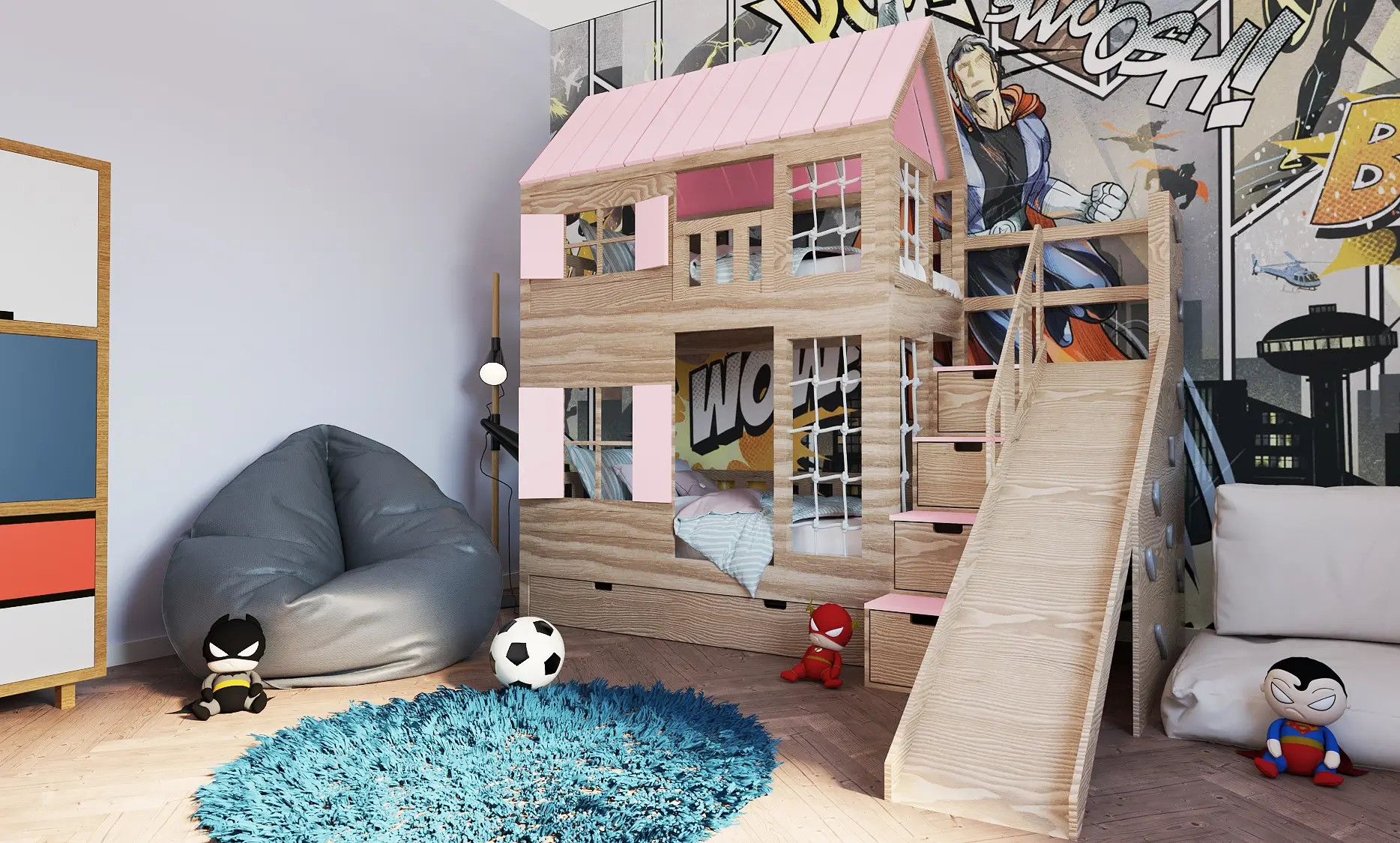 Hausbett, Spielbett KJARA PLUS mit vollem Dach, Rutsche und Kletterwand - Kubuk Moebel Hausbett, Spielbett KJARA PLUS mit vollem Dach, Rutsche und Kletterwand - Kubuk Moebel