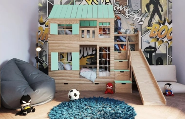 Hausbett, Spielbett KJARA PLUS mit vollem Dach, Rutsche und Kletterwand - Kubuk Moebel Hausbett, Spielbett KJARA PLUS mit vollem Dach, Rutsche und Kletterwand - Kubuk Moebel
