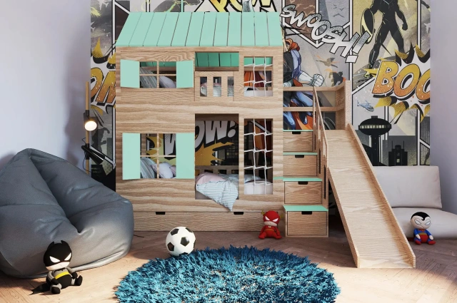 Hausbett, Spielbett KJARA PLUS mit vollem Dach, Rutsche und Kletterwand - Kubuk Moebel Hausbett, Spielbett KJARA PLUS mit vollem Dach, Rutsche und Kletterwand - Kubuk Moebel