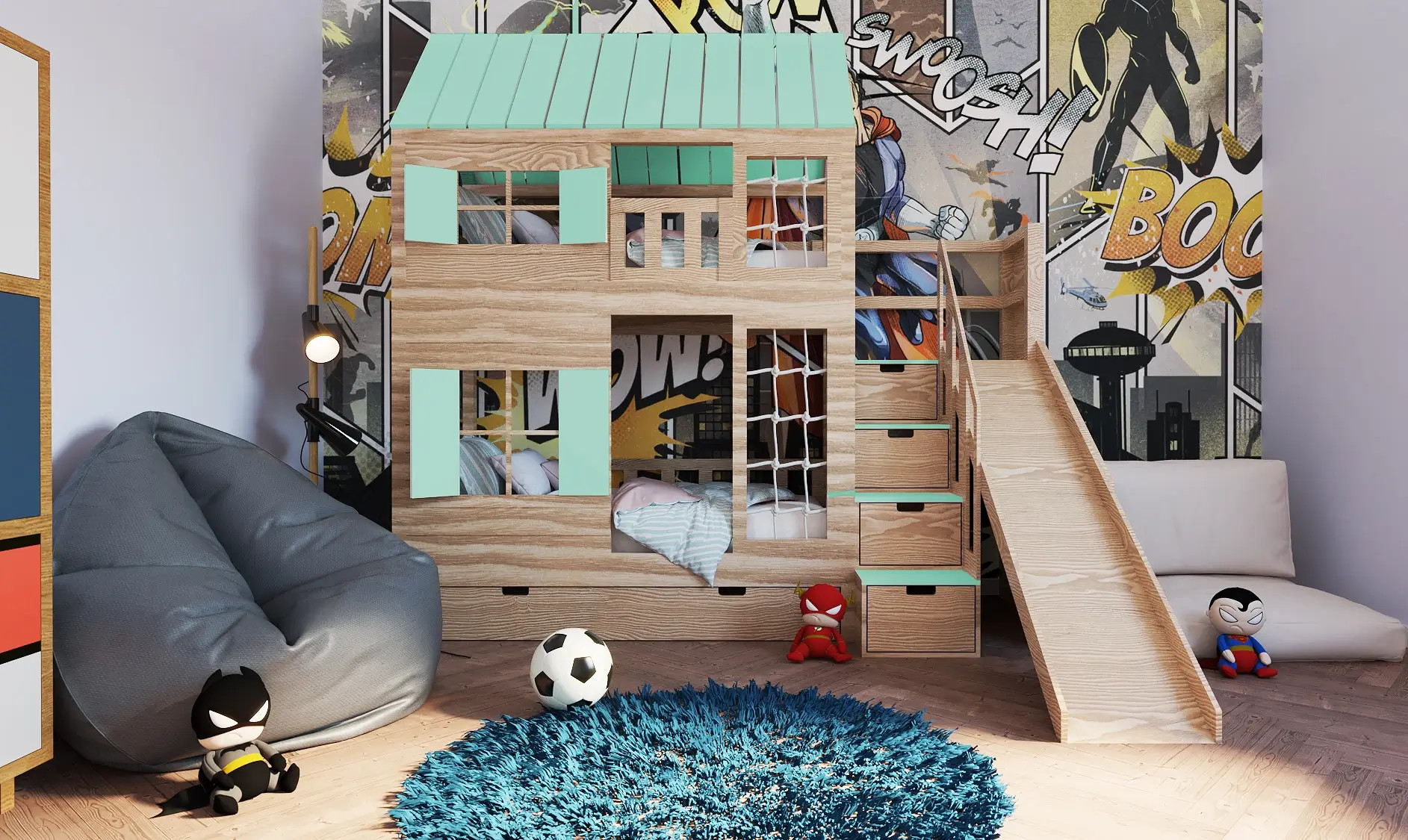 Hausbett, Spielbett KJARA PLUS mit vollem Dach, Rutsche und Kletterwand - Kubuk Moebel Hausbett, Spielbett KJARA PLUS mit vollem Dach, Rutsche und Kletterwand - Kubuk Moebel