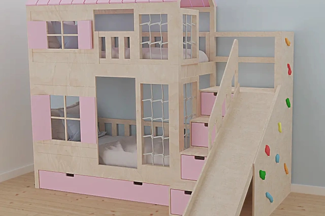 Hausbett, Spielbett KJARA PLUS mit vollem Dach, Rutsche und Kletterwand - Kubuk Moebel Hausbett, Spielbett KJARA PLUS mit vollem Dach, Rutsche und Kletterwand - Kubuk Moebel