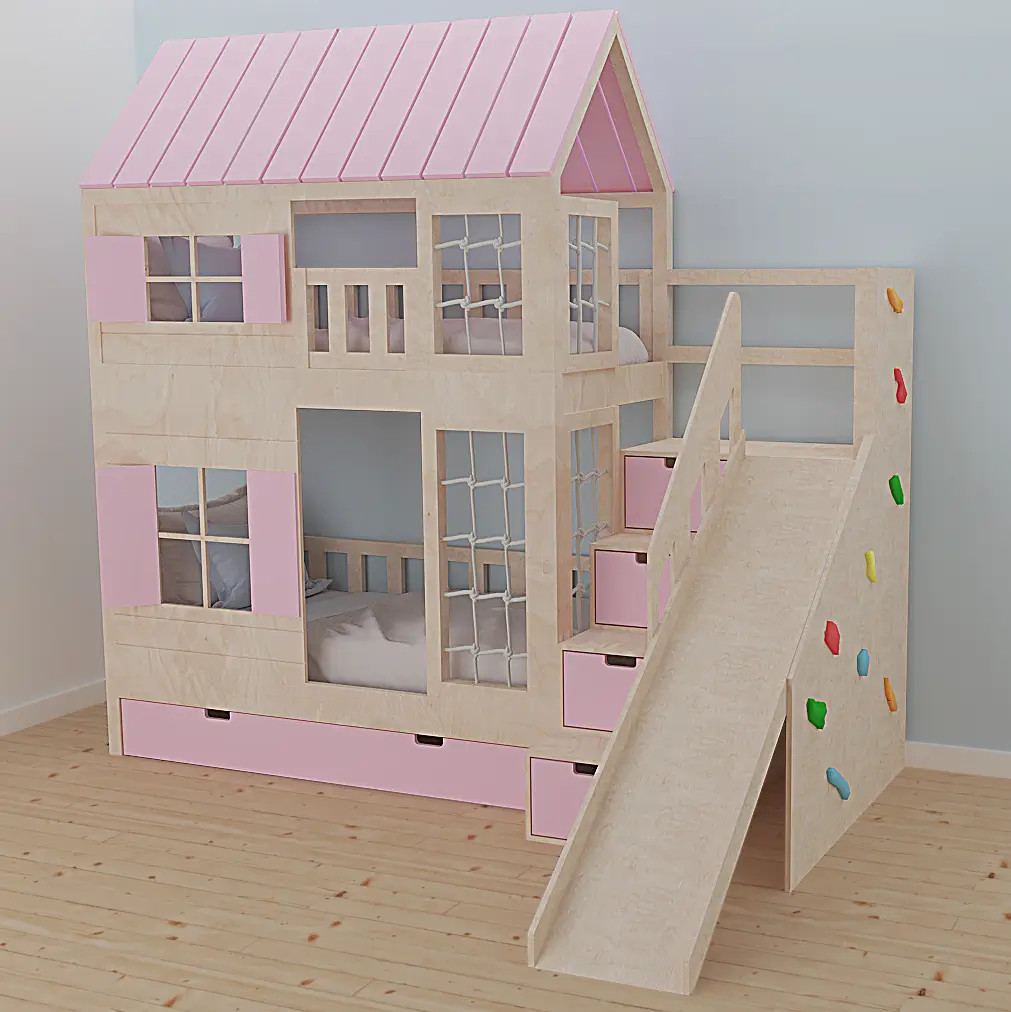 Hausbett, Spielbett KJARA PLUS mit vollem Dach, Rutsche und Kletterwand - Kubuk Moebel Hausbett, Spielbett KJARA PLUS mit vollem Dach, Rutsche und Kletterwand - Kubuk Moebel