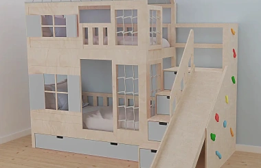Hausbett, Spielbett KJARA PLUS mit vollem Dach, Rutsche und Kletterwand - Kubuk Moebel Hausbett, Spielbett KJARA PLUS mit vollem Dach, Rutsche und Kletterwand - Kubuk Moebel