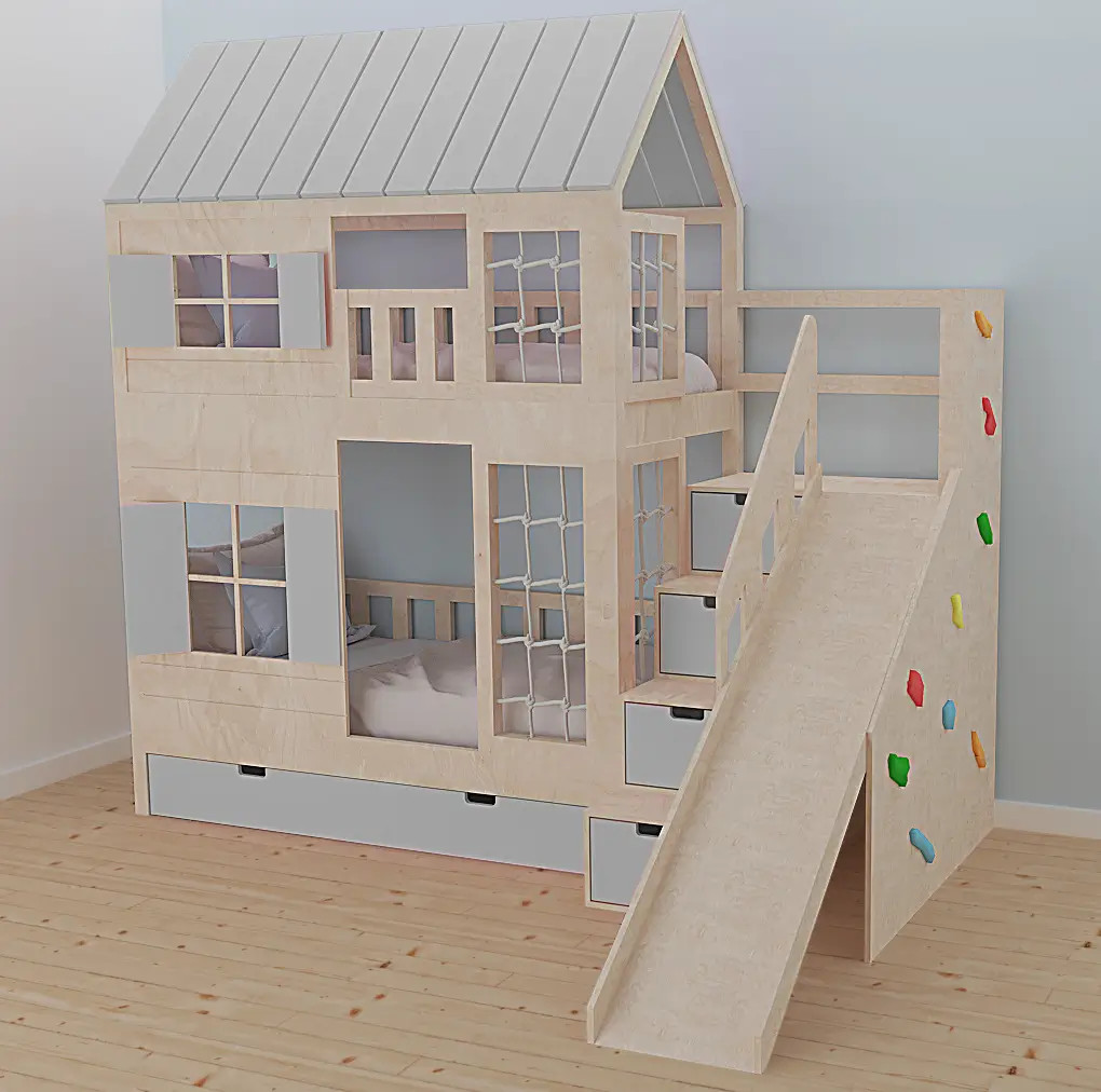 Hausbett, Spielbett KJARA PLUS mit vollem Dach, Rutsche und Kletterwand - Kubuk Moebel Hausbett, Spielbett KJARA PLUS mit vollem Dach, Rutsche und Kletterwand - Kubuk Moebel