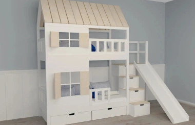 Hausbett, Spielbett KJARA mit vollem Dach und Rutsche - Kubuk Moebel