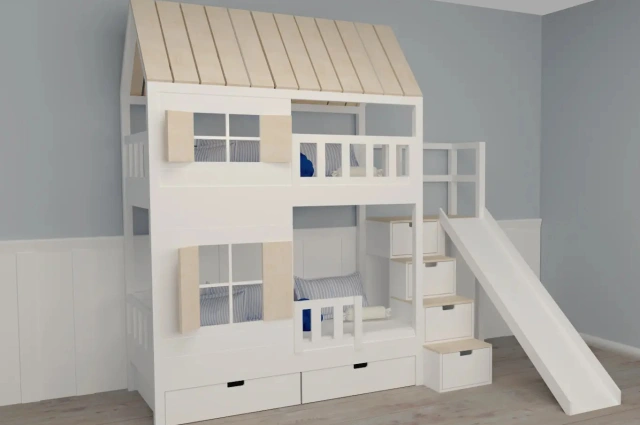 Hausbett, Spielbett KJARA mit vollem Dach und Rutsche - Kubuk Moebel Hausbett, Spielbett KJARA mit vollem Dach und Rutsche - Kubuk Moebel