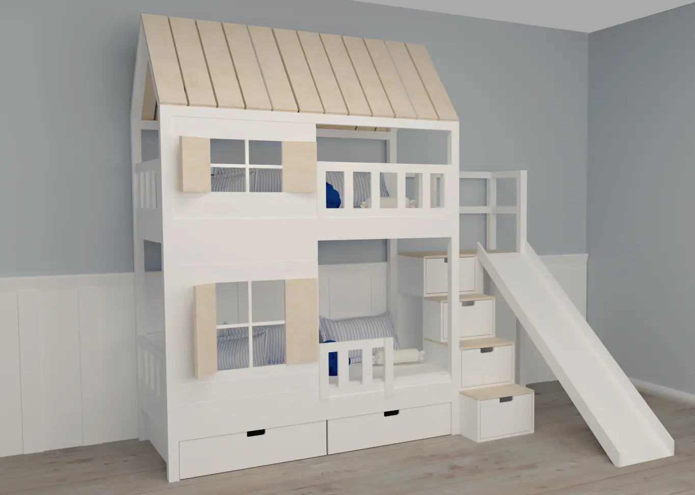 Hausbett, Spielbett KJARA mit vollem Dach und Rutsche - Kubuk Moebel Hausbett, Spielbett KJARA mit vollem Dach und Rutsche - Kubuk Moebel