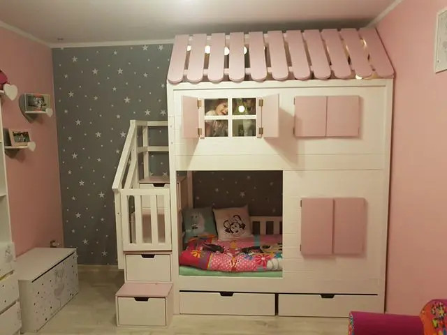 Hausbett, Spielbett KJARA mit vollem Dach und Rutsche - Kubuk Moebel Hausbett, Spielbett KJARA mit vollem Dach und Rutsche - Kubuk Moebel