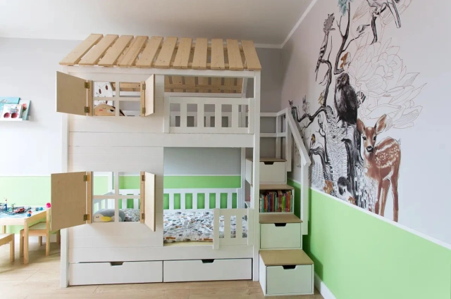 Hausbett, Spielbett KJARA mit vollem Dach und Rutsche - Kubuk Moebel Hausbett, Spielbett KJARA mit vollem Dach und Rutsche - Kubuk Moebel