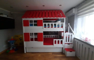 Hausbett, Spielbett KJARA mit vollem Dach und Rutsche - Kubuk Moebel Hausbett, Spielbett KJARA mit vollem Dach und Rutsche - Kubuk Moebel