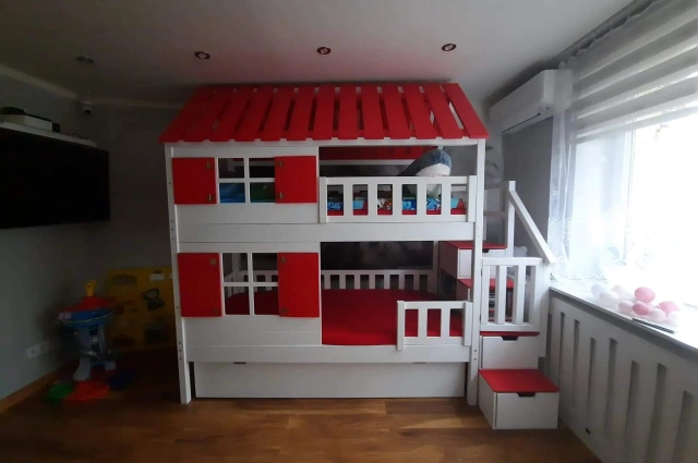 Hausbett, Spielbett KJARA mit vollem Dach und Rutsche - Kubuk Moebel Hausbett, Spielbett KJARA mit vollem Dach und Rutsche - Kubuk Moebel