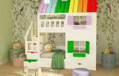 Hausbett, Spielbett KJARA mit vollem Dach und Rutsche - Kubuk Moebel Hausbett, Spielbett KJARA mit vollem Dach und Rutsche - Kubuk Moebel