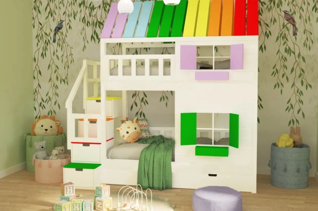 Hausbett, Spielbett KJARA mit vollem Dach und Rutsche - Kubuk Moebel Hausbett, Spielbett KJARA mit vollem Dach und Rutsche - Kubuk Moebel