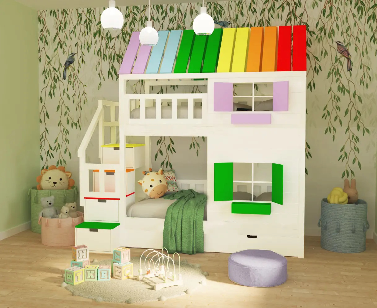 Hausbett, Spielbett KJARA mit vollem Dach und Rutsche - Kubuk Moebel Hausbett, Spielbett KJARA mit vollem Dach und Rutsche - Kubuk Moebel