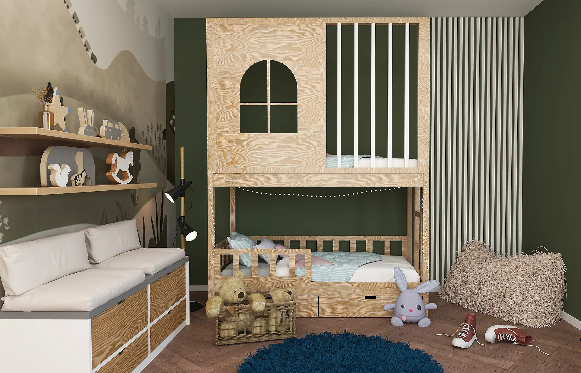 Etagenbett, Kinderbett Stella mit Gitterschutz und Leiter - Kubuk Moebel