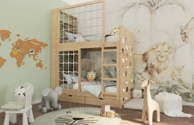 Etagenbett, Kinderbett MARBELLA mit Leiter, Bücherregal und Kletterwand - Kubuk Moebel