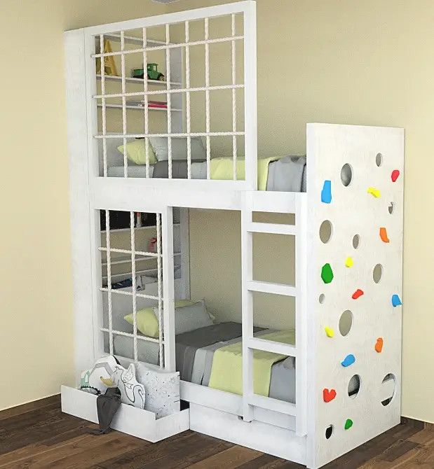 Etagenbett, Kinderbett MARBELLA mit Leiter, Bücherregal und Kletterwand - Kubuk Moebel Etagenbett, Kinderbett MARBELLA mit Leiter, Bücherregal und Kletterwand - Kubuk Moebel