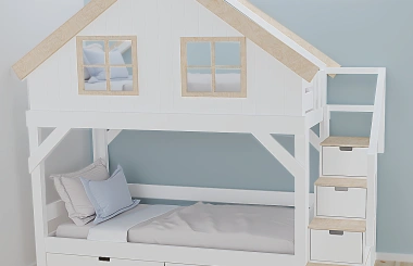 Hausbett, Etagenbett, Kinderbett YOKO mit Treppe - Kubuk Moebel