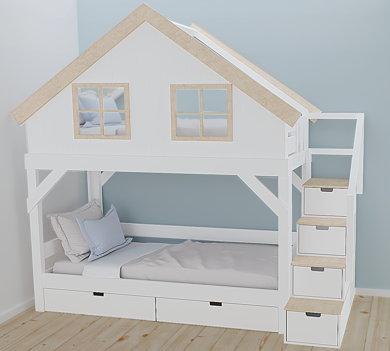 Hausbett, Etagenbett, Kinderbett YOKO mit Treppe - Kubuk Moebel Hausbett, Etagenbett, Kinderbett YOKO mit Treppe - Kubuk Moebel