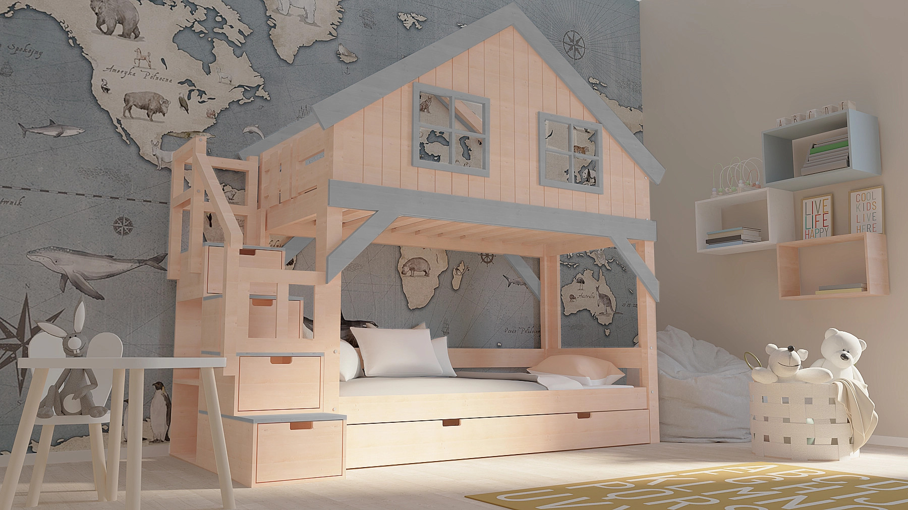 Hausbett, Etagenbett, Kinderbett YOKO mit Treppe - Kubuk Moebel Hausbett, Etagenbett, Kinderbett YOKO mit Treppe - Kubuk Moebel