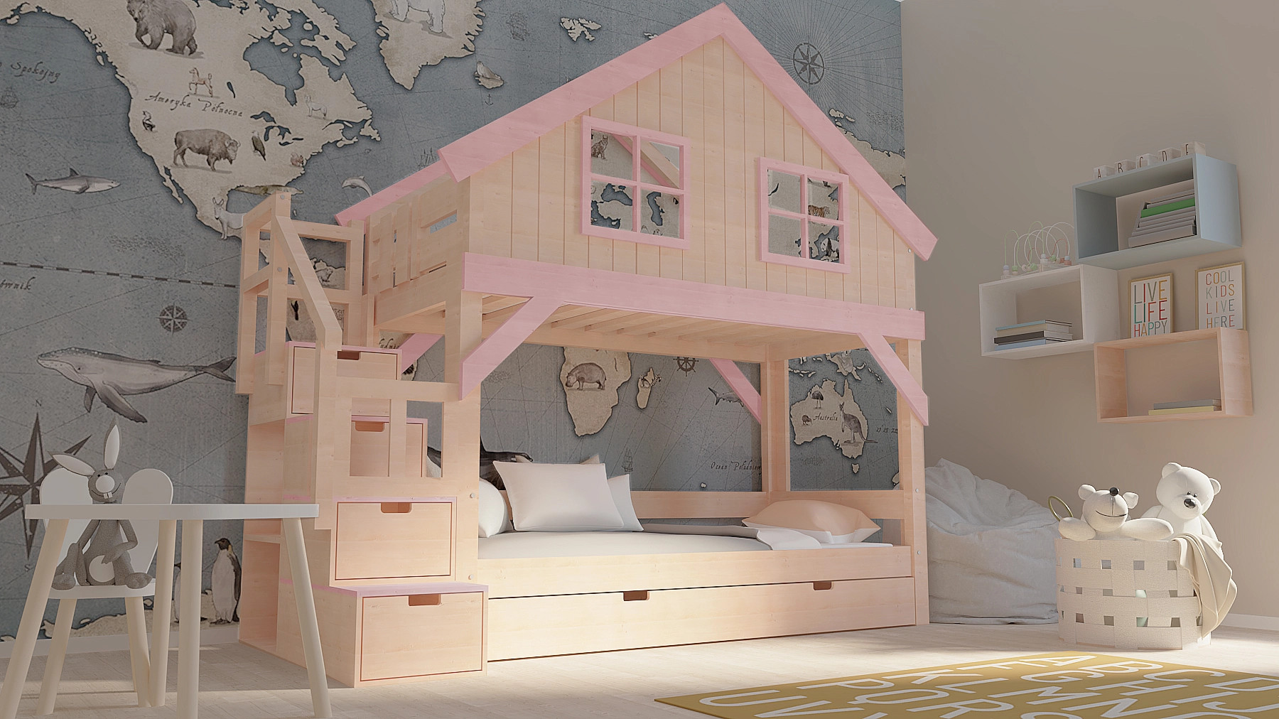 Hausbett, Etagenbett, Kinderbett YOKO mit Treppe - Kubuk Moebel Hausbett, Etagenbett, Kinderbett YOKO mit Treppe - Kubuk Moebel