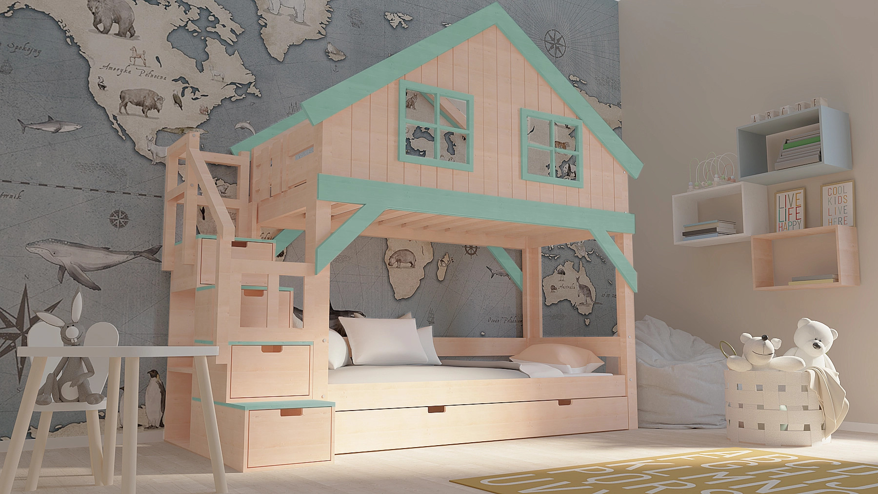 Hausbett, Etagenbett, Kinderbett YOKO mit Treppe - Kubuk Moebel Hausbett, Etagenbett, Kinderbett YOKO mit Treppe - Kubuk Moebel