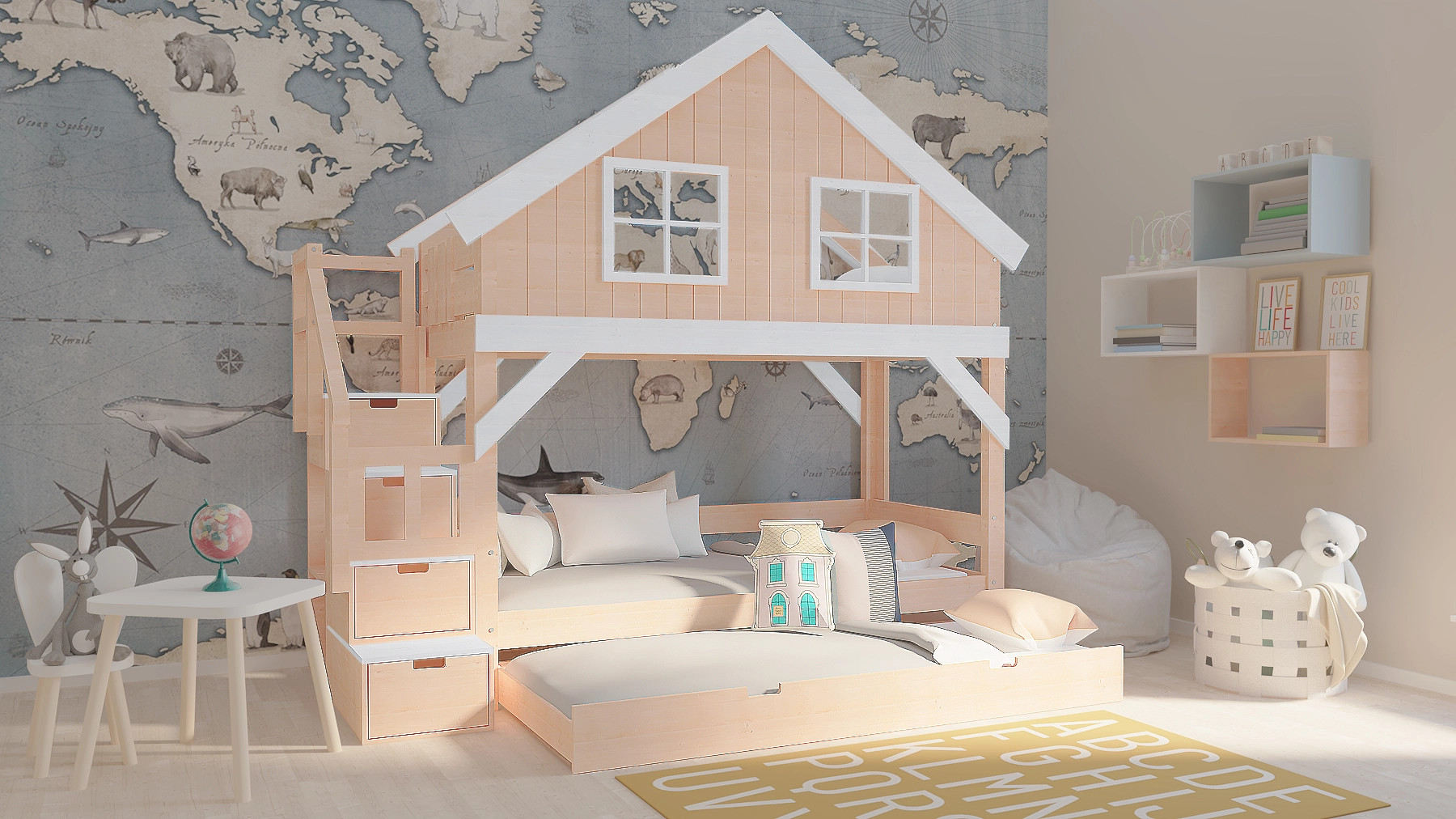 Hausbett, Etagenbett, Kinderbett YOKO mit Treppe - Kubuk Moebel Hausbett, Etagenbett, Kinderbett YOKO mit Treppe - Kubuk Moebel