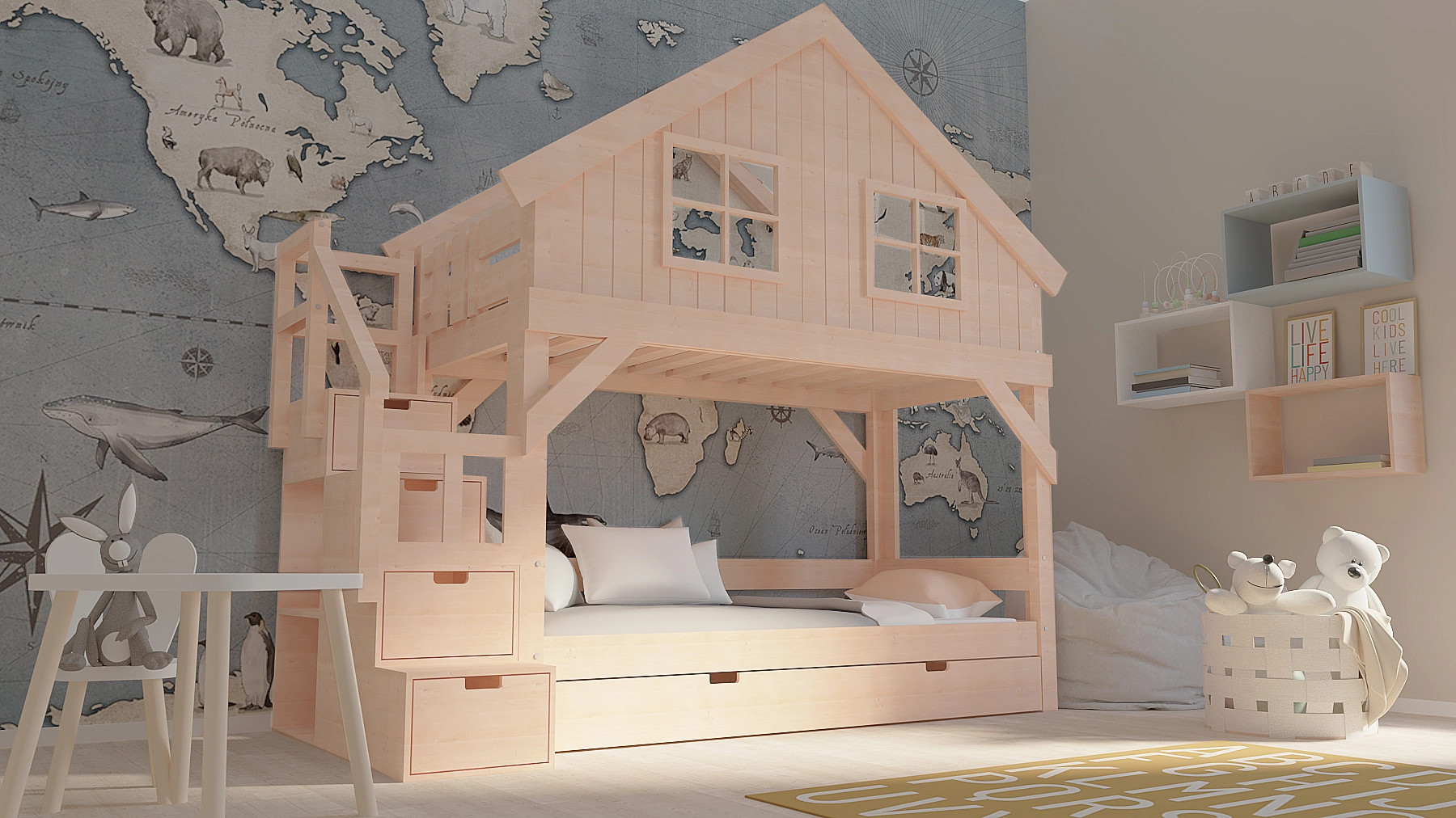 Hausbett, Etagenbett, Kinderbett YOKO mit Treppe - Kubuk Moebel Hausbett, Etagenbett, Kinderbett YOKO mit Treppe - Kubuk Moebel