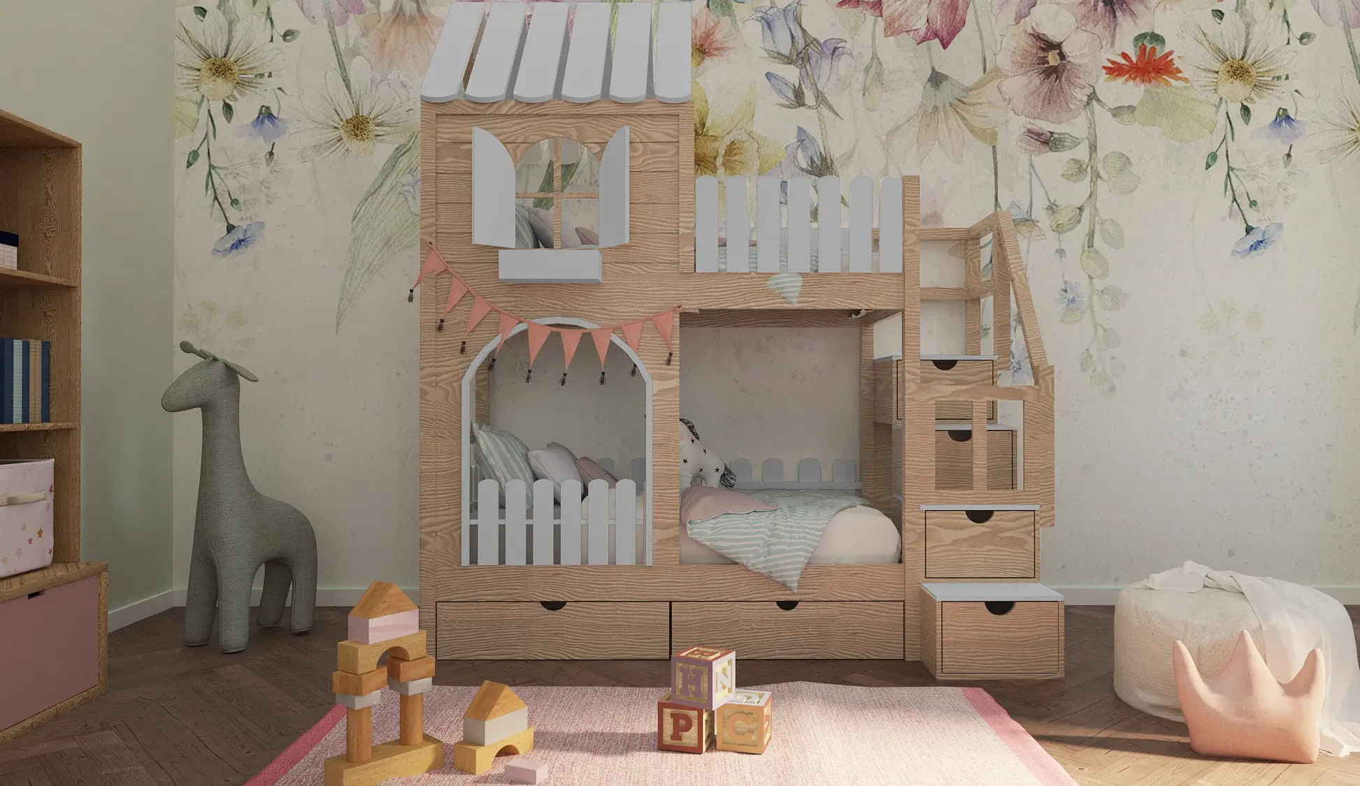 Hausbett, Etagenbett, Kinderbett PIKO mit Treppe - Kubuk Moebel Hausbett, Etagenbett, Kinderbett PIKO mit Treppe - Kubuk Moebel