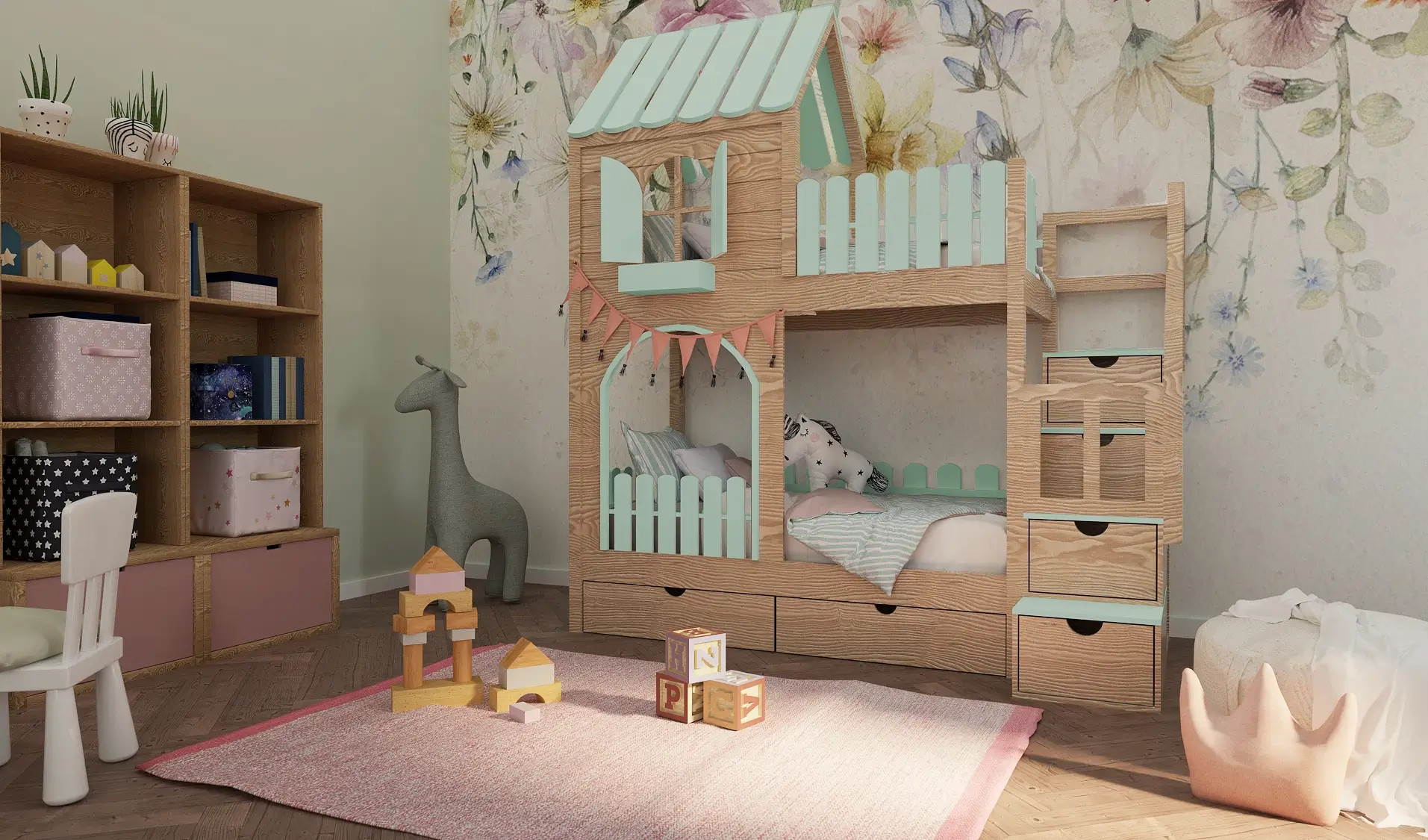 Hausbett, Etagenbett, Kinderbett PIKO mit Treppe - Kubuk Moebel Hausbett, Etagenbett, Kinderbett PIKO mit Treppe - Kubuk Moebel