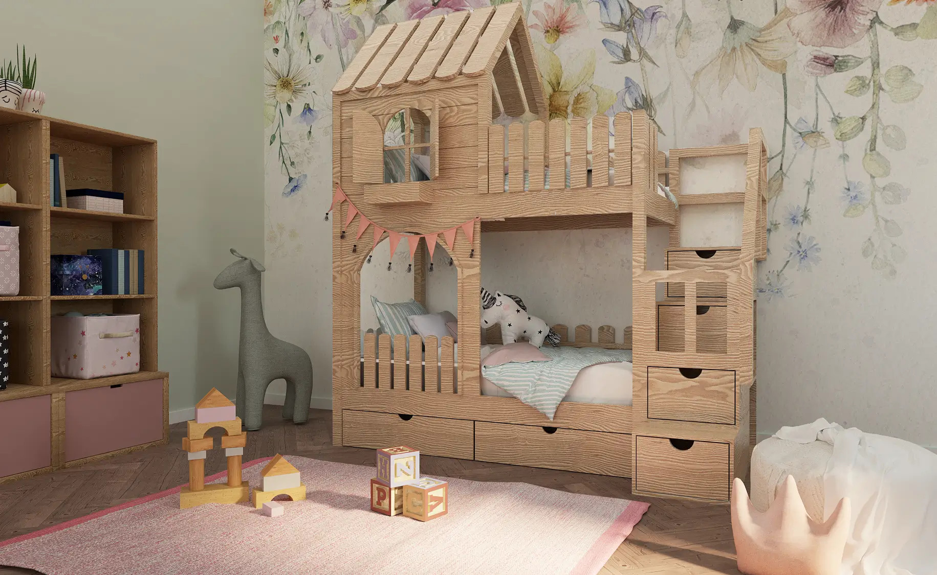 Hausbett, Etagenbett, Kinderbett PIKO mit Treppe - Kubuk Moebel Hausbett, Etagenbett, Kinderbett PIKO mit Treppe - Kubuk Moebel