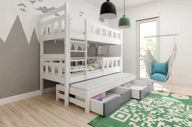 Etagenbett, Kinderbett LINN für 3 Personen mit Treppe - Kubuk Moebel Etagenbett, Kinderbett LINN für 3 Personen mit Treppe - Kubuk Moebel