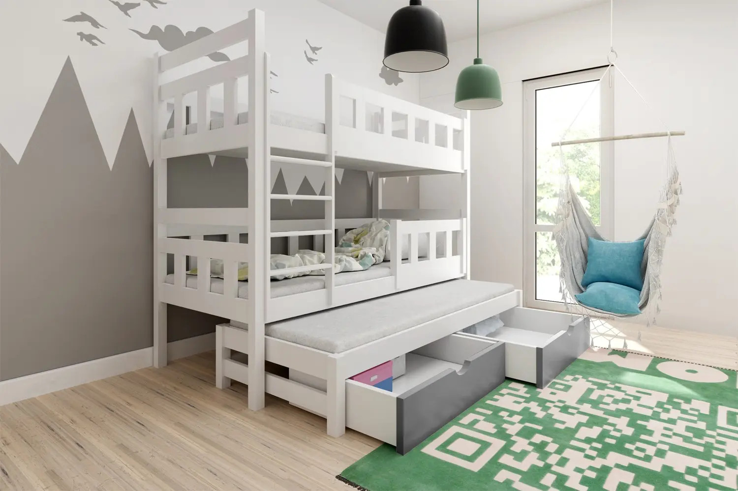 Etagenbett, Kinderbett LINN für 3 Personen mit Treppe - Kubuk Moebel Etagenbett, Kinderbett LINN für 3 Personen mit Treppe - Kubuk Moebel