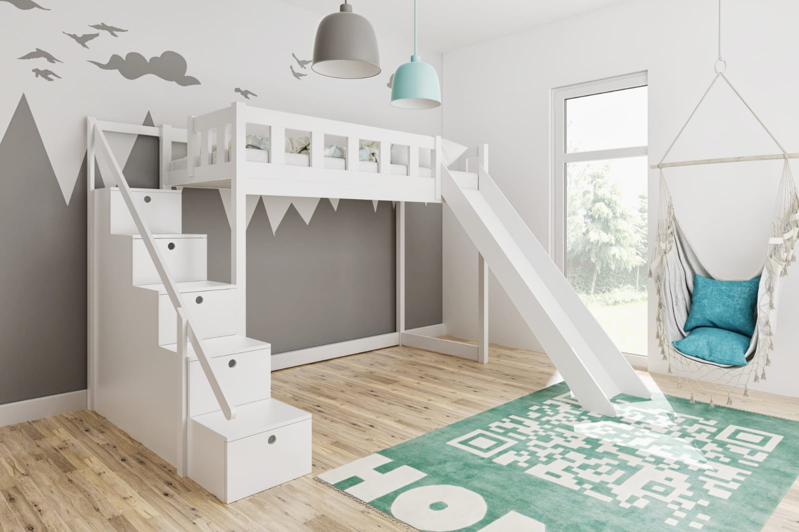 Hochbett MARCI optional mit Rutsche/Schubladentreppe - Kubuk Moebel