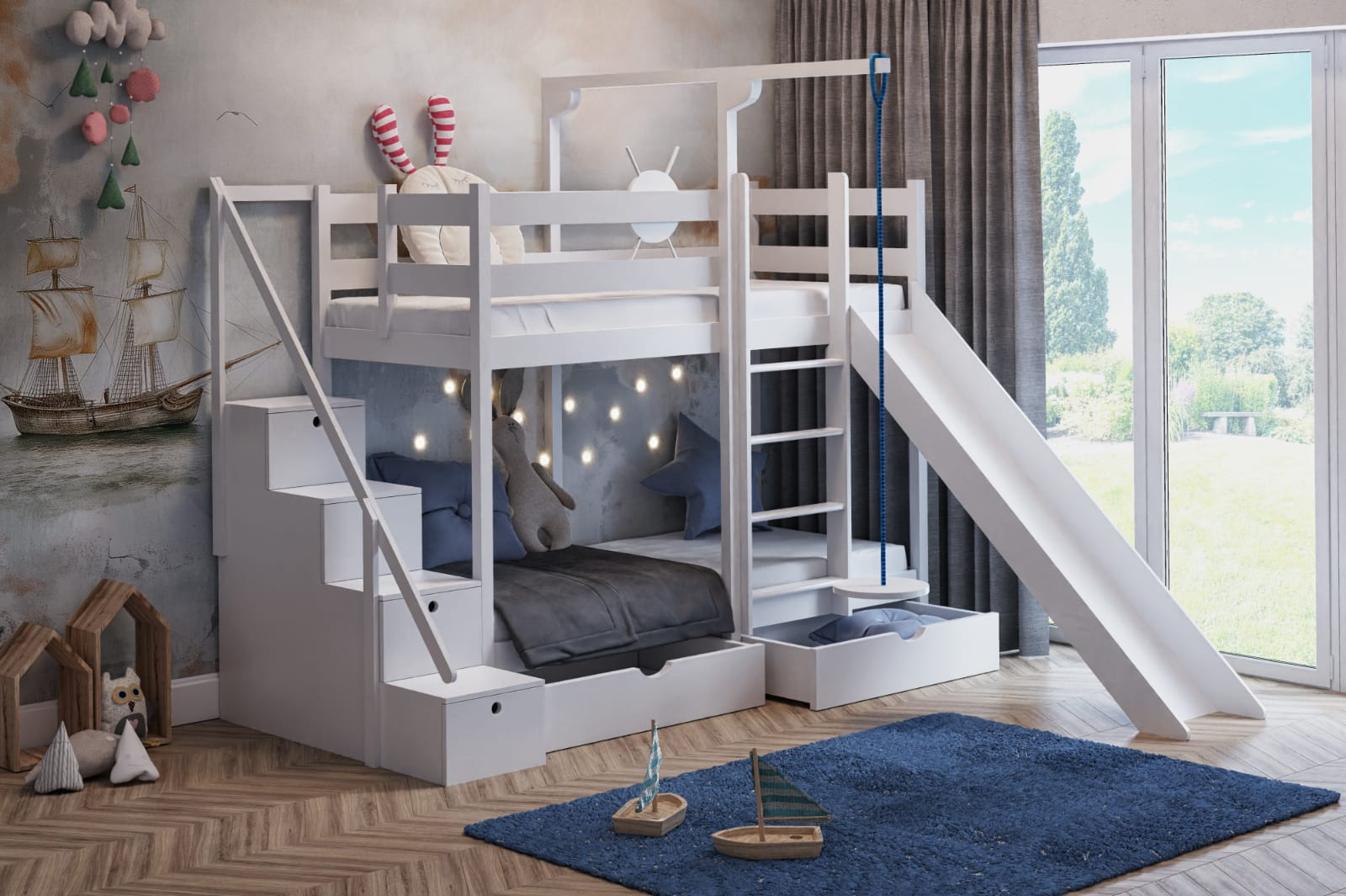 Etagenbett, Spielbett SCHATZINSEL DUO mit Rutsche, Treppe und Tellerschaukel - Kubuk Moebel Etagenbett, Spielbett SCHATZINSEL DUO mit Rutsche, Treppe und Tellerschaukel - Kubuk Moebel