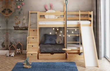 Etagenbett, Spielbett SCHATZINSEL DUO mit Rutsche, Treppe und Tellerschaukel - Kubuk Moebel Etagenbett, Spielbett SCHATZINSEL DUO mit Rutsche, Treppe und Tellerschaukel - Kubuk Moebel