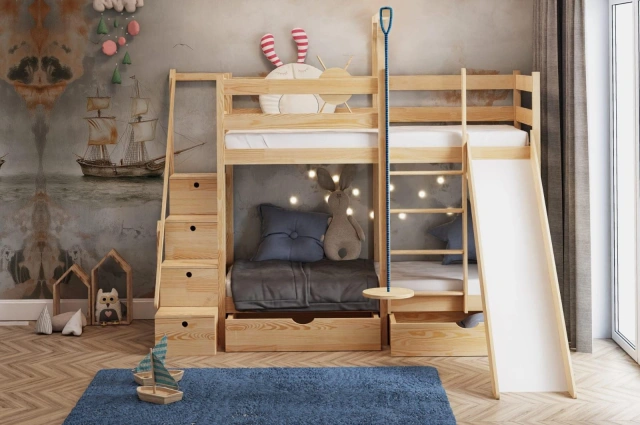 Etagenbett, Spielbett SCHATZINSEL DUO mit Rutsche, Treppe und Tellerschaukel - Kubuk Moebel Etagenbett, Spielbett SCHATZINSEL DUO mit Rutsche, Treppe und Tellerschaukel - Kubuk Moebel