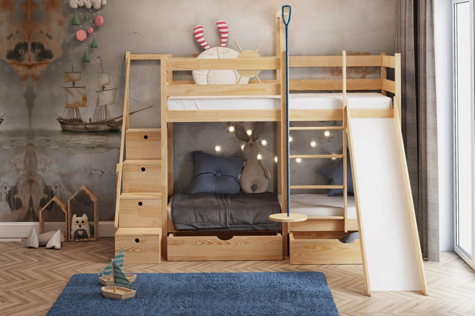 Etagenbett, Spielbett SCHATZINSEL DUO mit Rutsche, Treppe und Tellerschaukel - Kubuk Moebel Etagenbett, Spielbett SCHATZINSEL DUO mit Rutsche, Treppe und Tellerschaukel - Kubuk Moebel