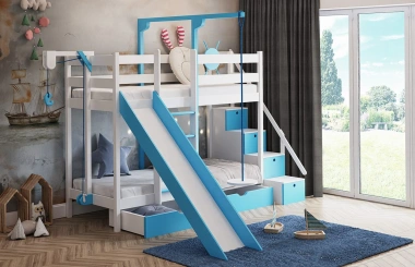 Etagenbett, Spielbett SCHATZINSEL DUO mit Rutsche, Treppe und Tellerschaukel - Kubuk Moebel Etagenbett, Spielbett SCHATZINSEL DUO mit Rutsche, Treppe und Tellerschaukel - Kubuk Moebel