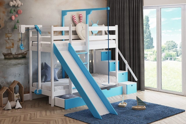 Etagenbett, Spielbett SCHATZINSEL DUO mit Rutsche, Treppe und Tellerschaukel - Kubuk Moebel Etagenbett, Spielbett SCHATZINSEL DUO mit Rutsche, Treppe und Tellerschaukel - Kubuk Moebel