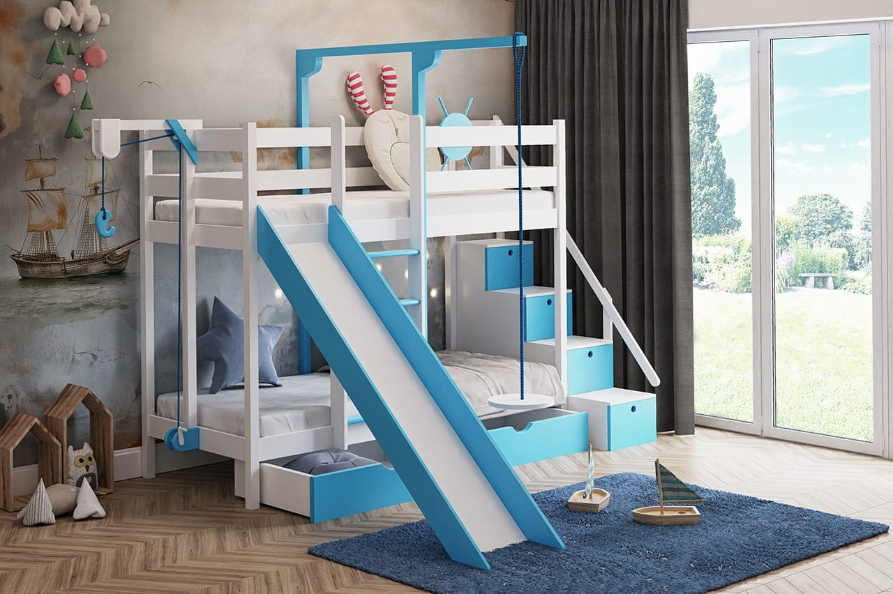 Etagenbett, Spielbett SCHATZINSEL DUO mit Rutsche, Treppe und Tellerschaukel - Kubuk Moebel Etagenbett, Spielbett SCHATZINSEL DUO mit Rutsche, Treppe und Tellerschaukel - Kubuk Moebel